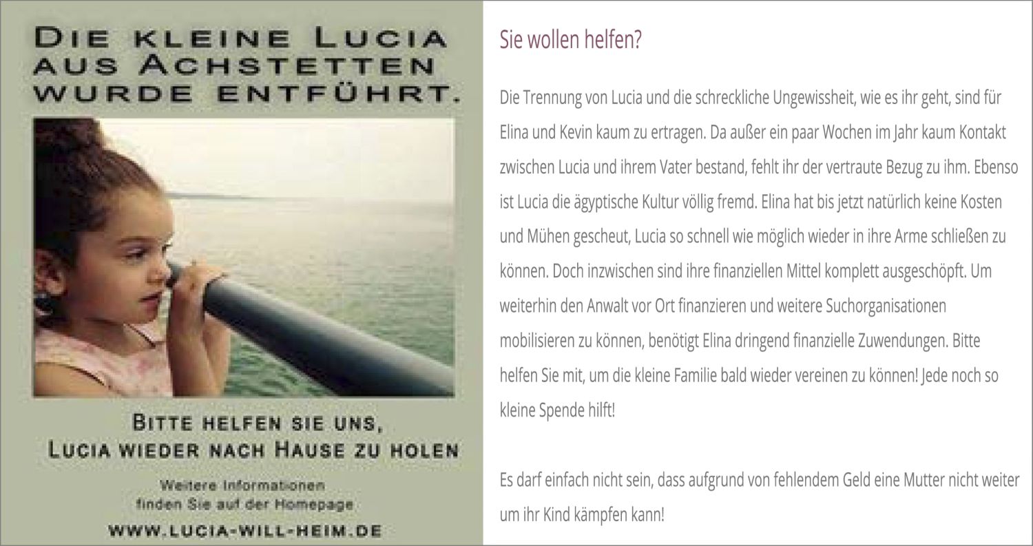 Helferherz f&uuml;r entf&uuml;hrte Kinder eV - Netzauftritt f&uuml;r Lucia