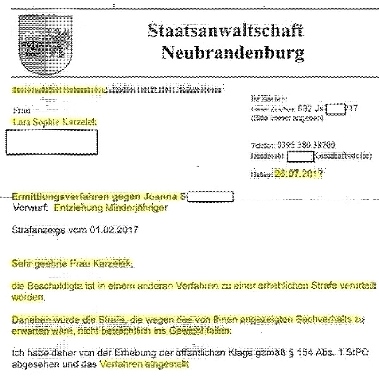 Laras Entf&uuml;hrung - Grotesker Einstellungsbescheid der Staatsanwaltschaft Neubrandenburg